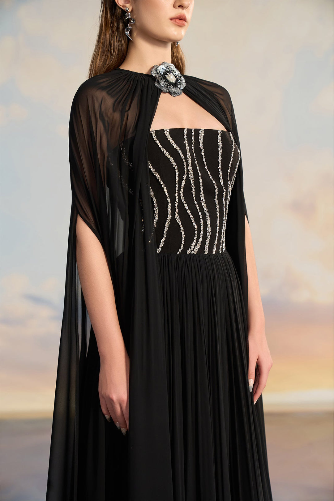 Black Chiffon Cape Dress with Embellished Bodice