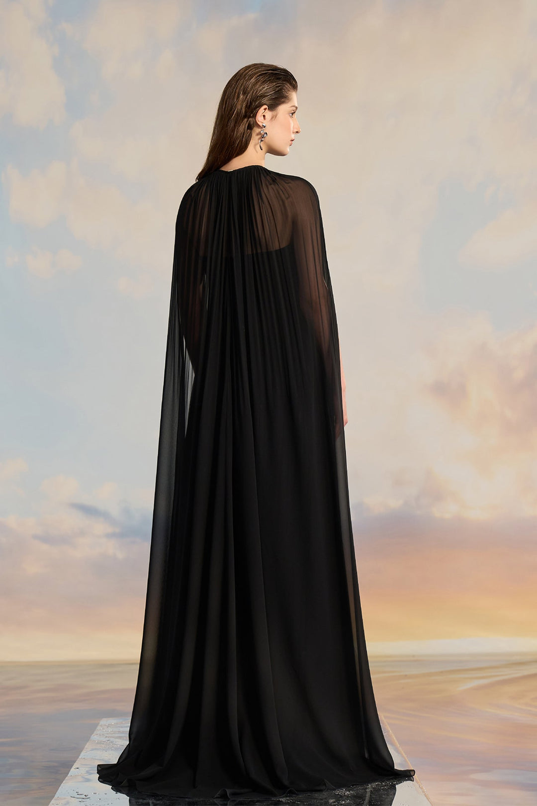 Black Chiffon Cape Dress with Embellished Bodice