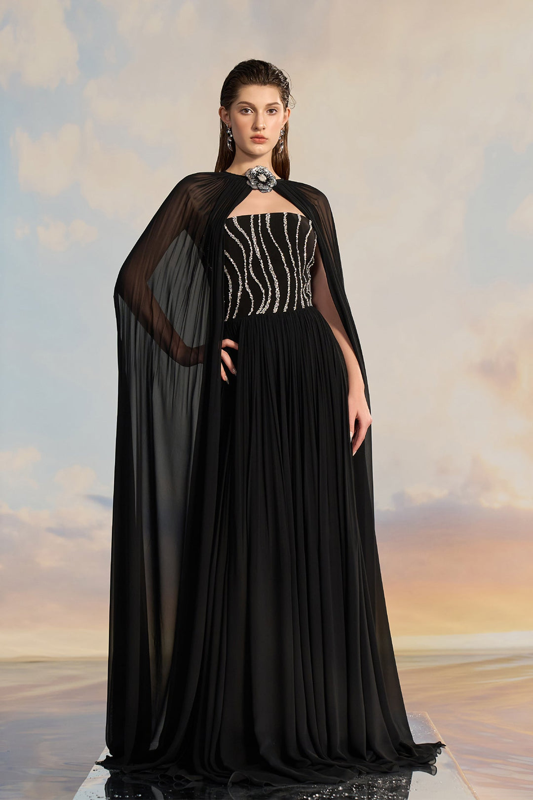 Black Chiffon Cape Dress with Embellished Bodice