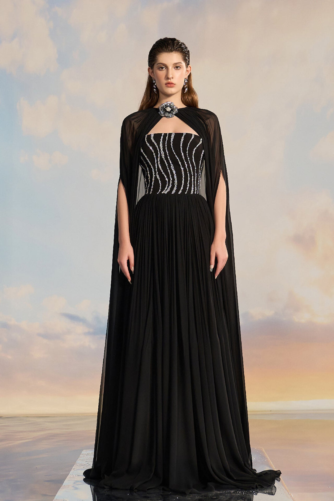 Black Chiffon Cape Dress with Embellished Bodice Red Cherry / US 14 Black Chiffon Cape Dress with Embellished Bodice Red Cherry / US 14