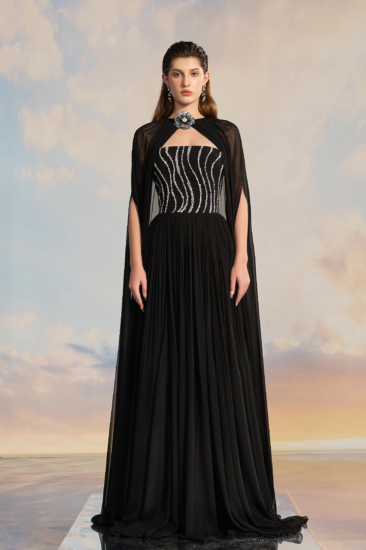 Black Chiffon Cape Dress with Embellished Bodice