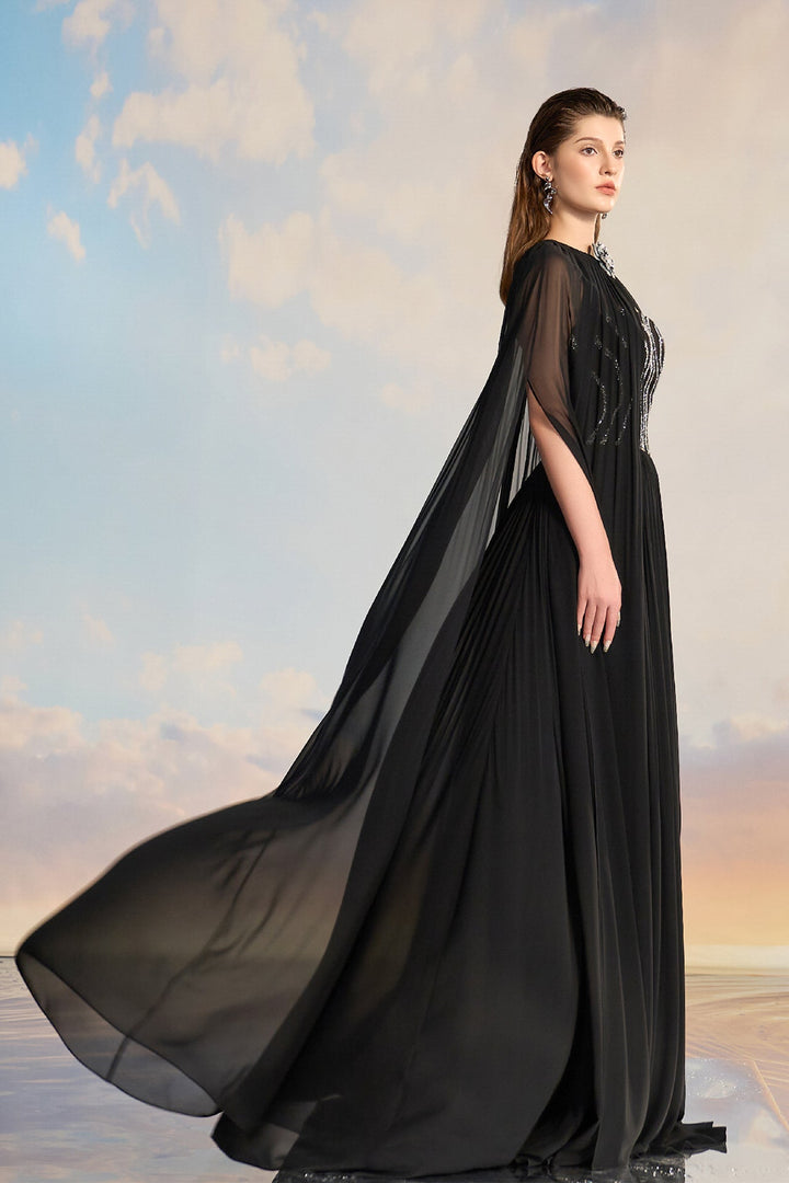 Black Chiffon Cape Dress with Embellished Bodice