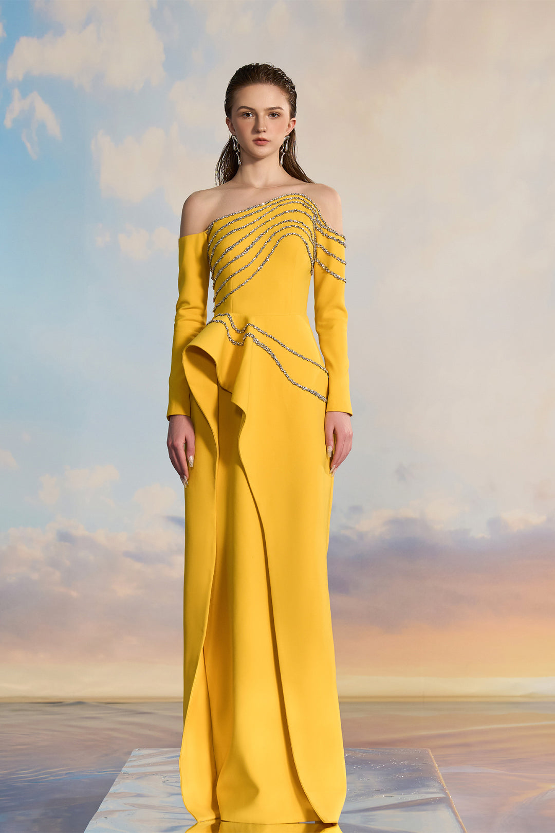 yellow long sleeve off the shoulder dress Momyknows Yellow Knit Off Shoulder Flare Sleeve Mermaid Bodycon Elegant Vacation Photoshoot Baby Shower Maternity Maxi Dress, Yellow / S