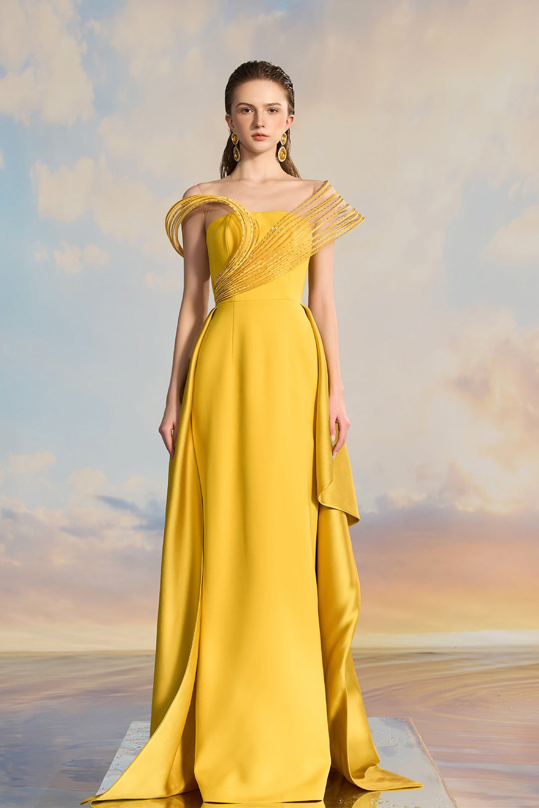gold crepe dress Arizona Yellow Crepe Maxi Dress - 4