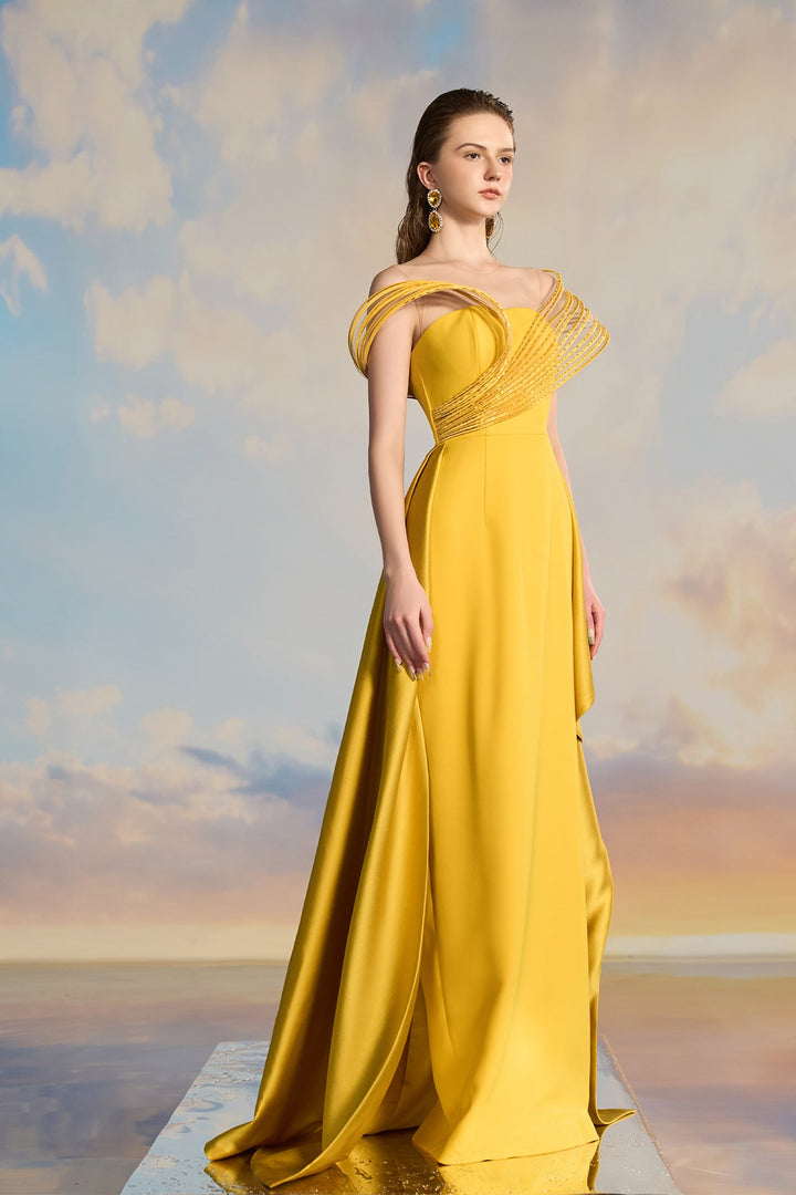 Yellow Crepe 3D Evening Dress