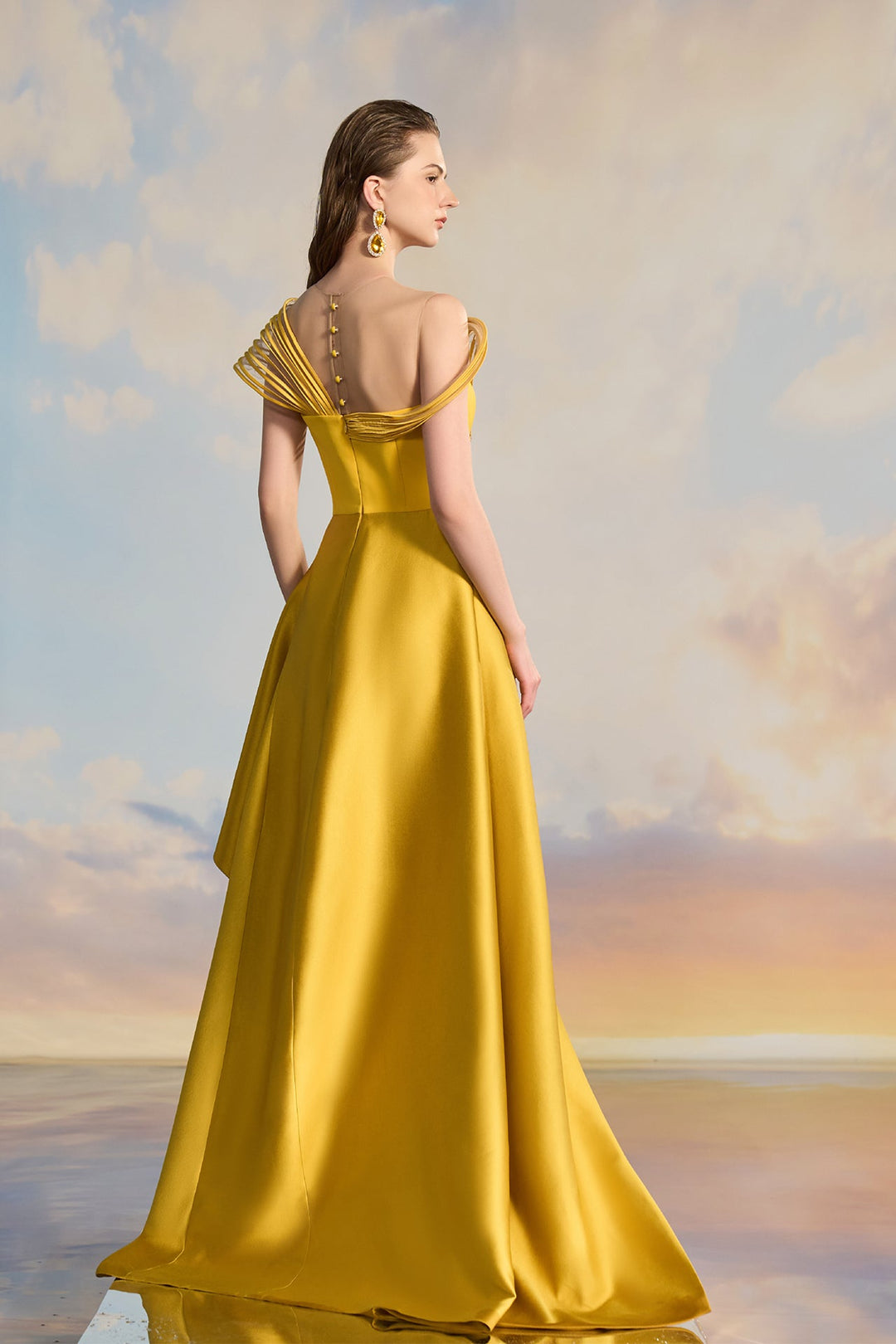 Yellow Crepe 3D Evening Dress