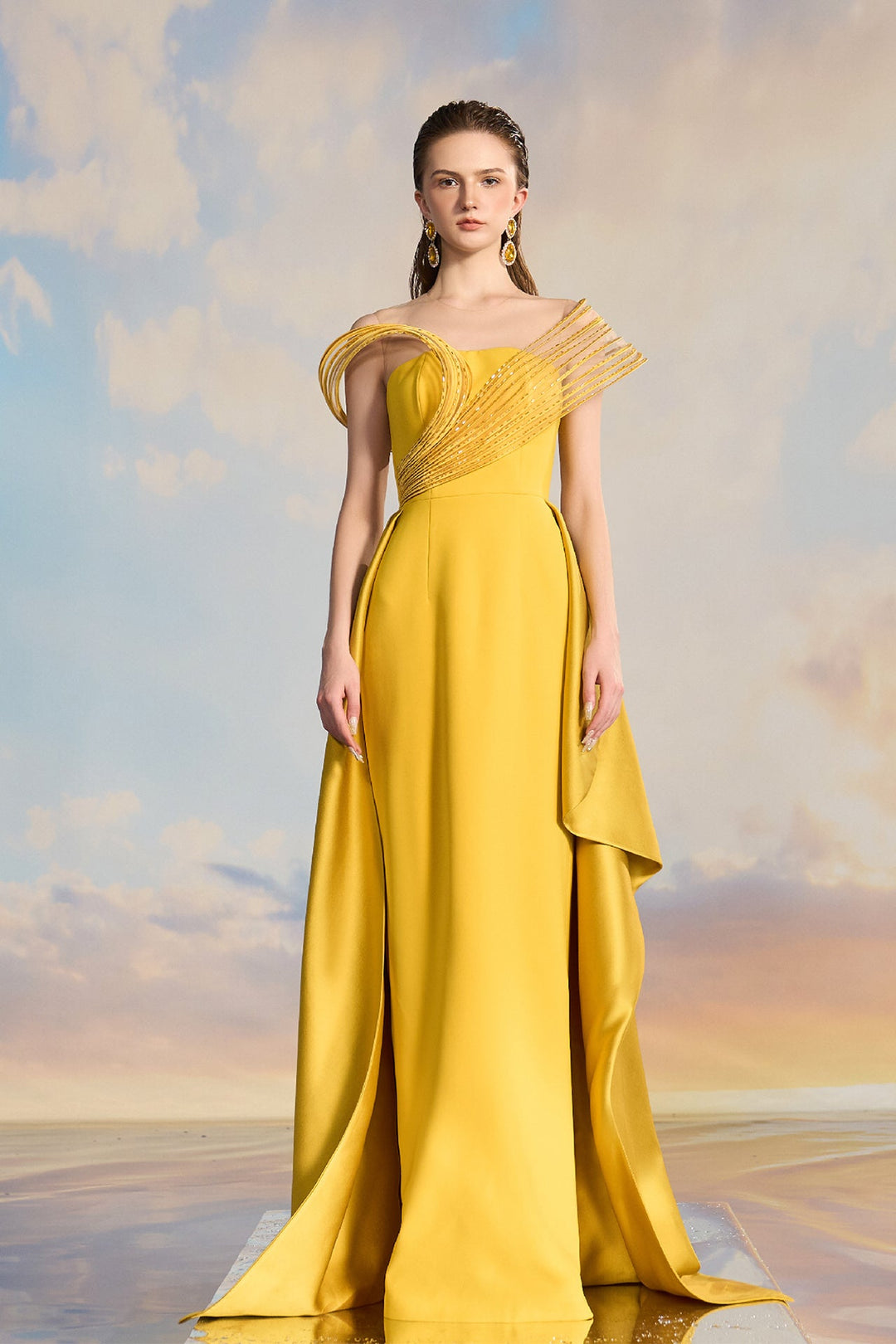 Yellow Crepe 3D Evening Dress