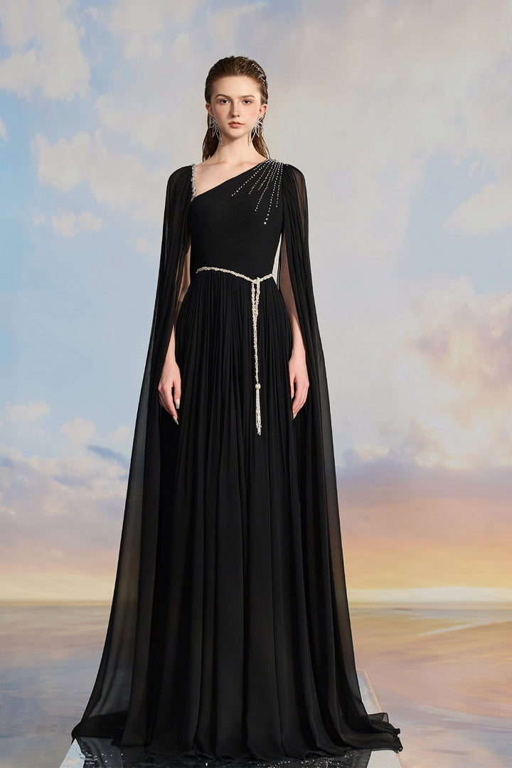 Black Chiffon Cape Dress with Embellishments