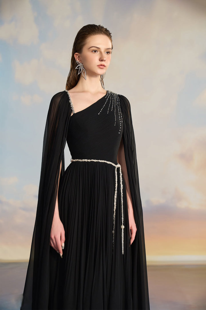 Black Chiffon Cape Dress with Embellishments