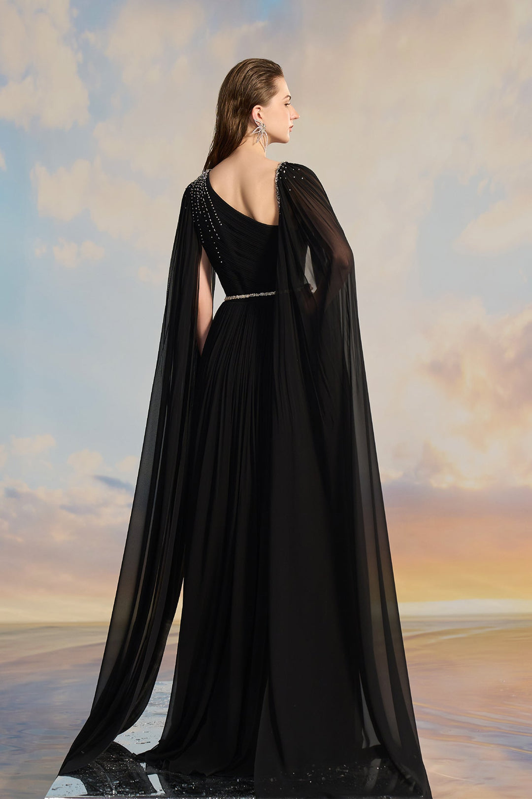 Black Chiffon Cape Dress with Embellishments