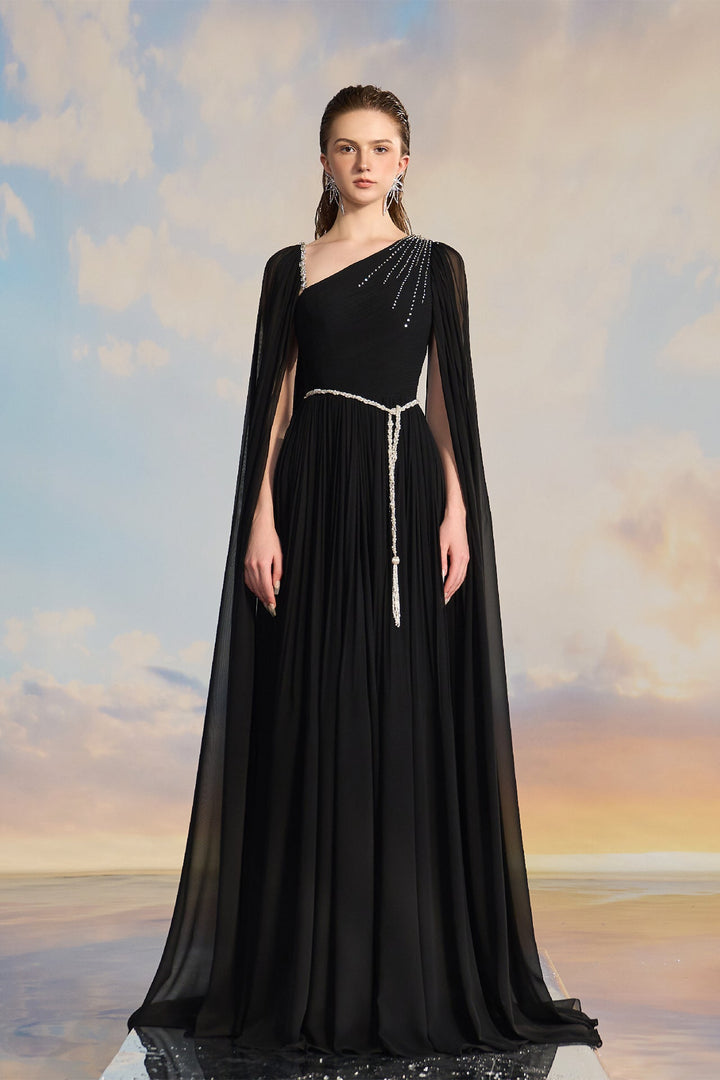 Black Chiffon Cape Dress with Embellishments