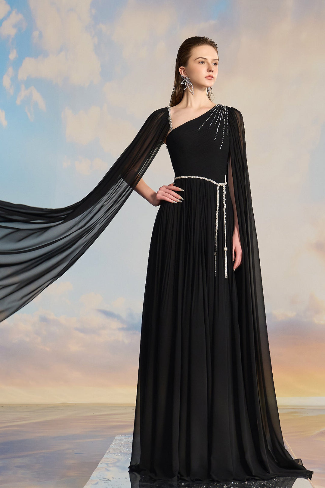 Black Chiffon Cape Dress with Embellishments M.R DESIGN Black Chiffon Cape Dress with Embellishments M.R DESIGN