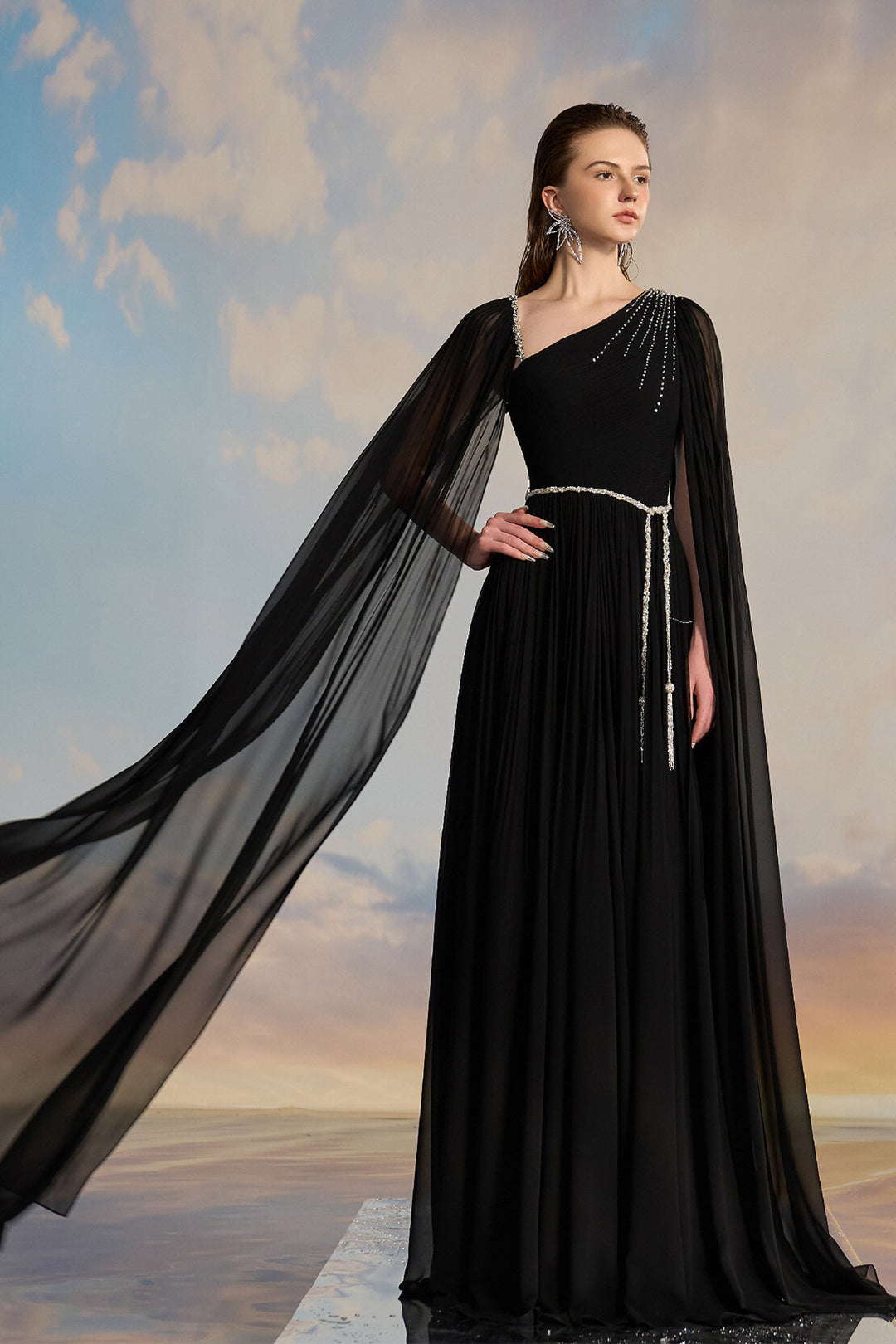 Black Chiffon Cape Dress with Embellishments