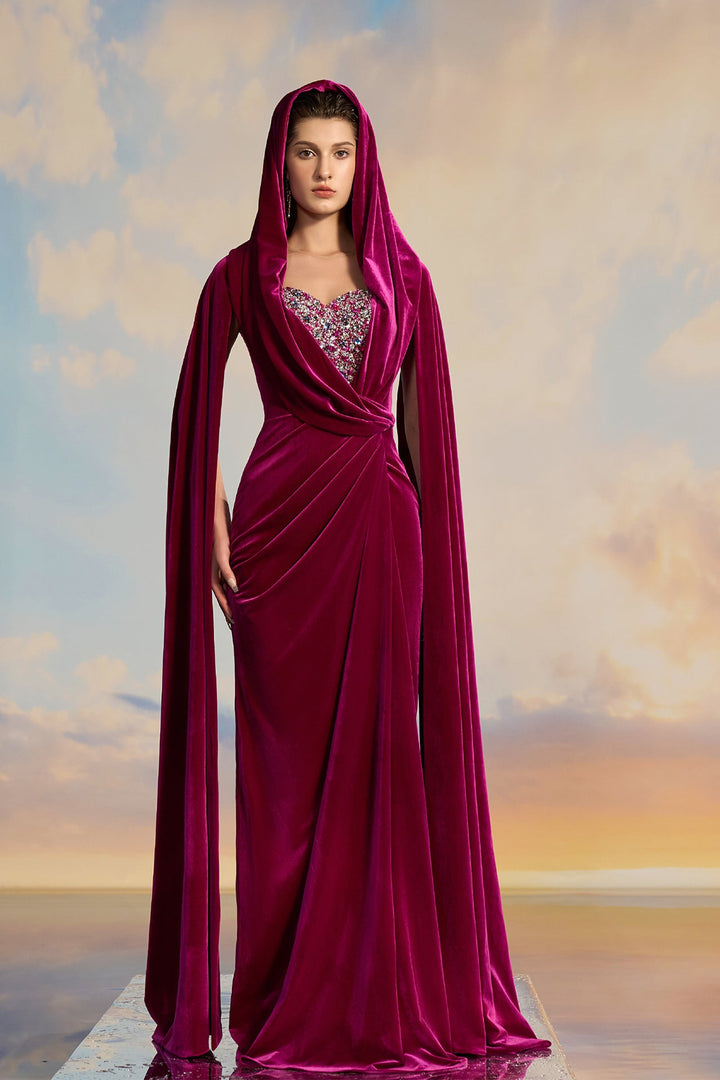 Burgundy Velvet Hooded Dress