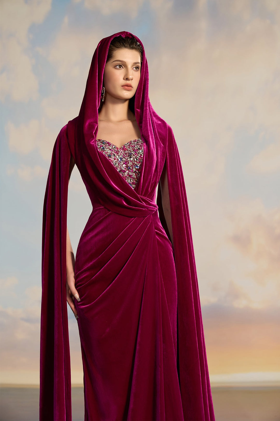 Burgundy Velvet Hooded Dress