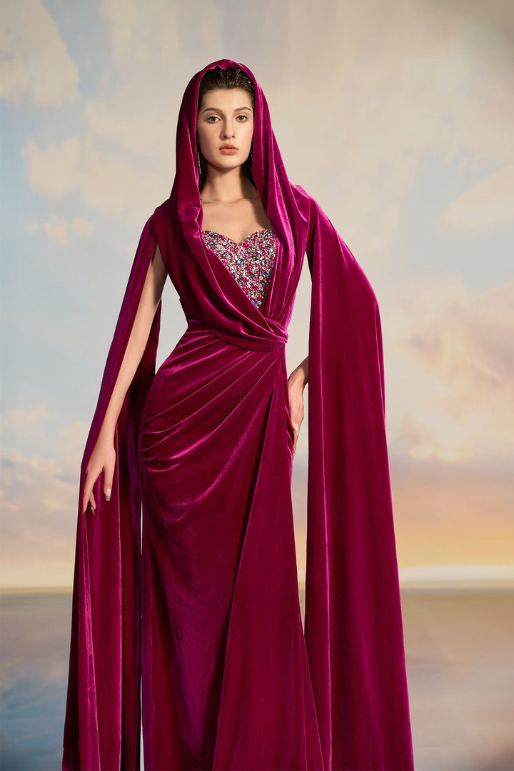 Burgundy Velvet Hooded Dress