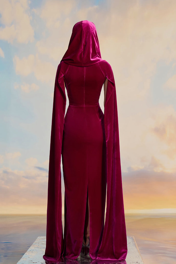 Burgundy Velvet Hooded Dress