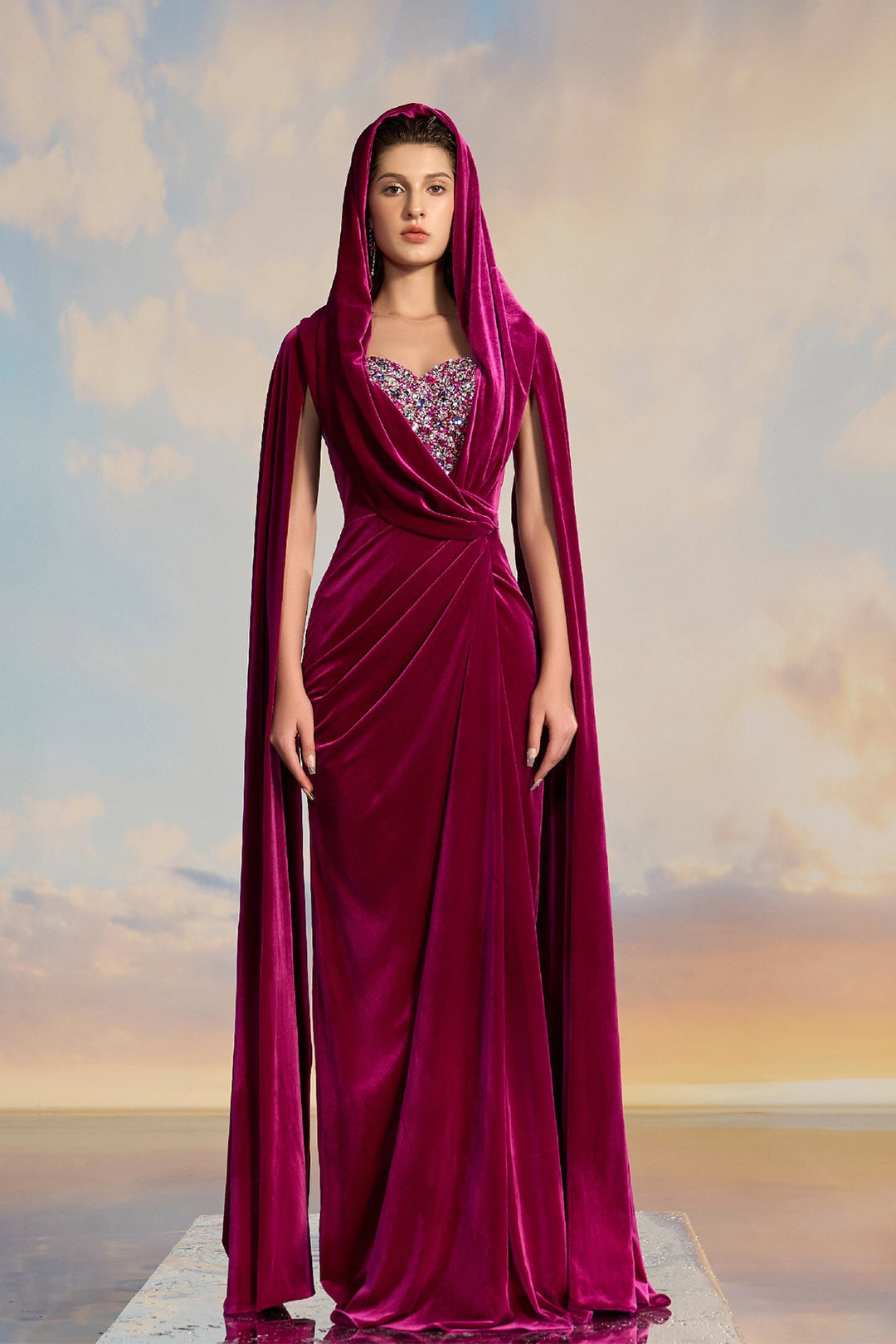 burgundy dress with cape (Burgundy) RBK Styles of Fashion cape sleeves Long Beaded Formal Dress with