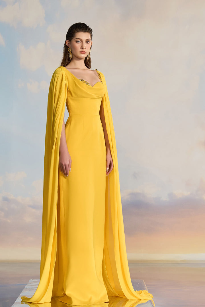 Yellow Cape-Style Evening Dress