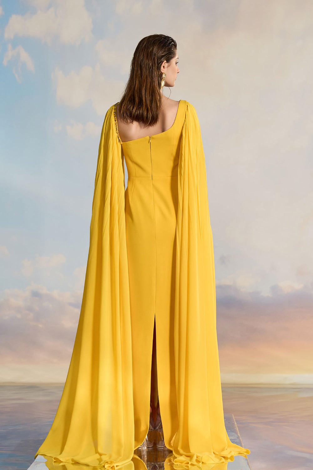 stylish yellow dress design Yellow Cape-Style Evening Dress Blueberry / US 20