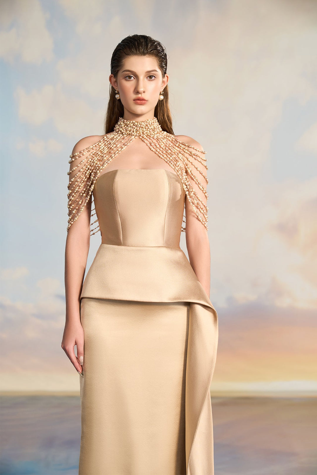 High-Neck Pearl-Embellished Taffeta Dress