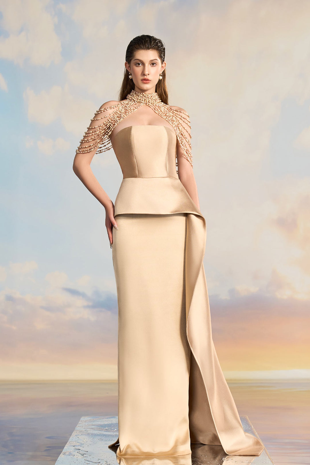 High-Neck Pearl-Embellished Taffeta Dress Yellow / US 6