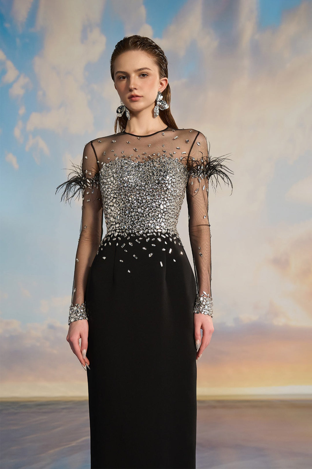 Black Crepe Bodycon Dress with Sequins and Feathers