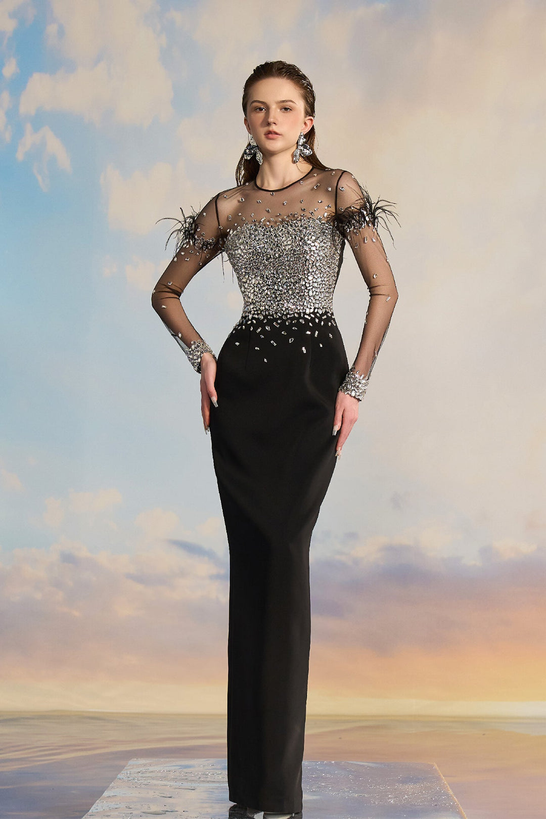 Black Crepe Bodycon Dress with Sequins and Feathers Black / US 12 Black Crepe Bodycon Dress with Sequins and Feathers Black / US 12