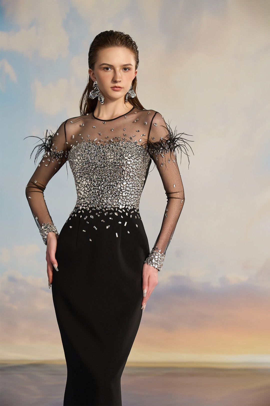 Black Crepe Bodycon Dress with Sequins and Feathers