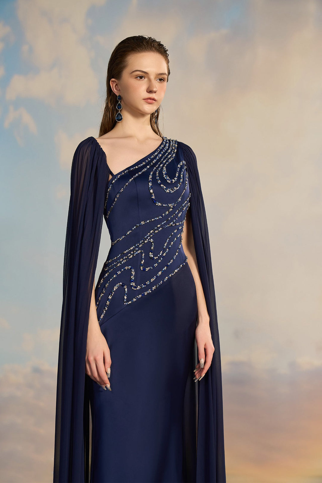 floor length fishtail dress Navy Silk Satin Fishtail Dress with Cape Sleevess