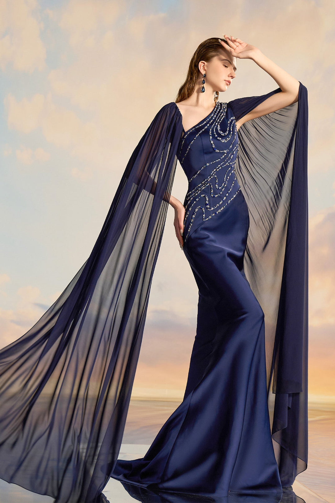 Navy Silk Satin Fishtail Dress with Cape Sleevess Navy Silk Satin Fishtail Dress with Cape Sleevess