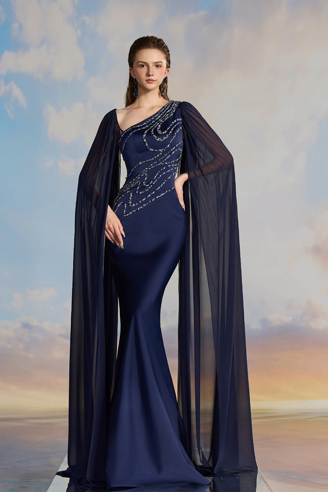 Navy Silk Satin Fishtail Dress with Cape Sleevess