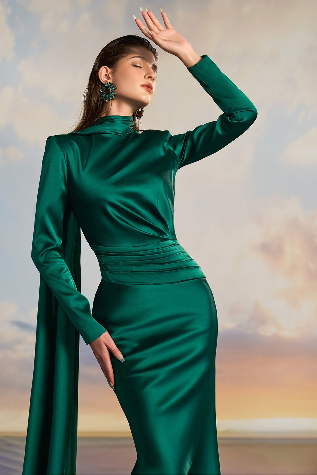 Emerald Green Silk Satin Evening Dress