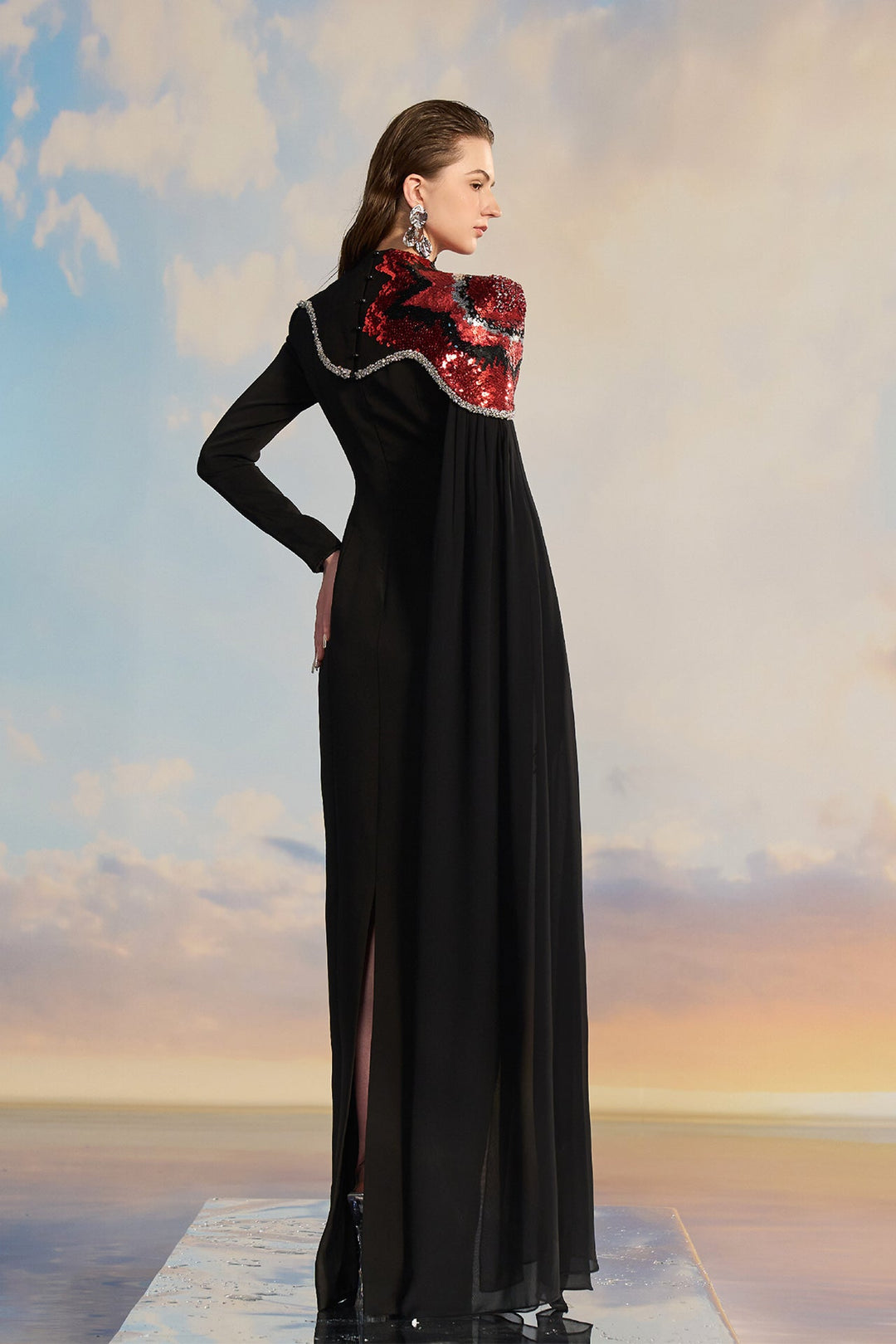 Black Crepe Dress with Red Shoulder Detail