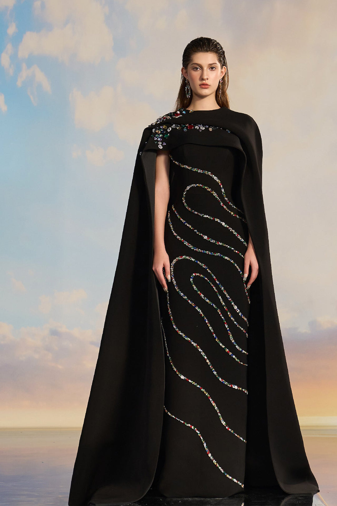 Black Cape Dress with Embellished Design