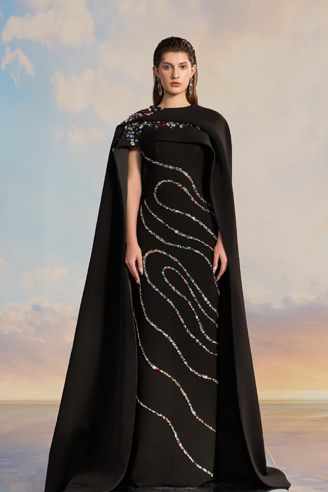 Black Cape Dress with Embellished Design