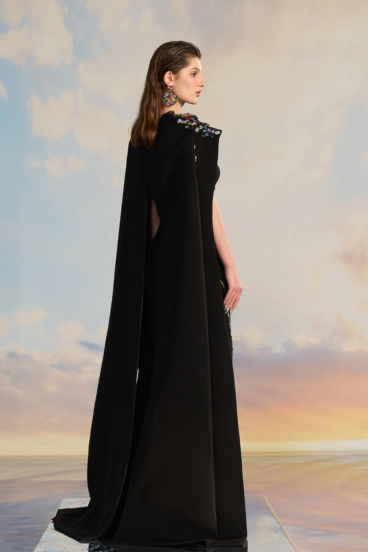 Black Cape Dress with Embellished Design