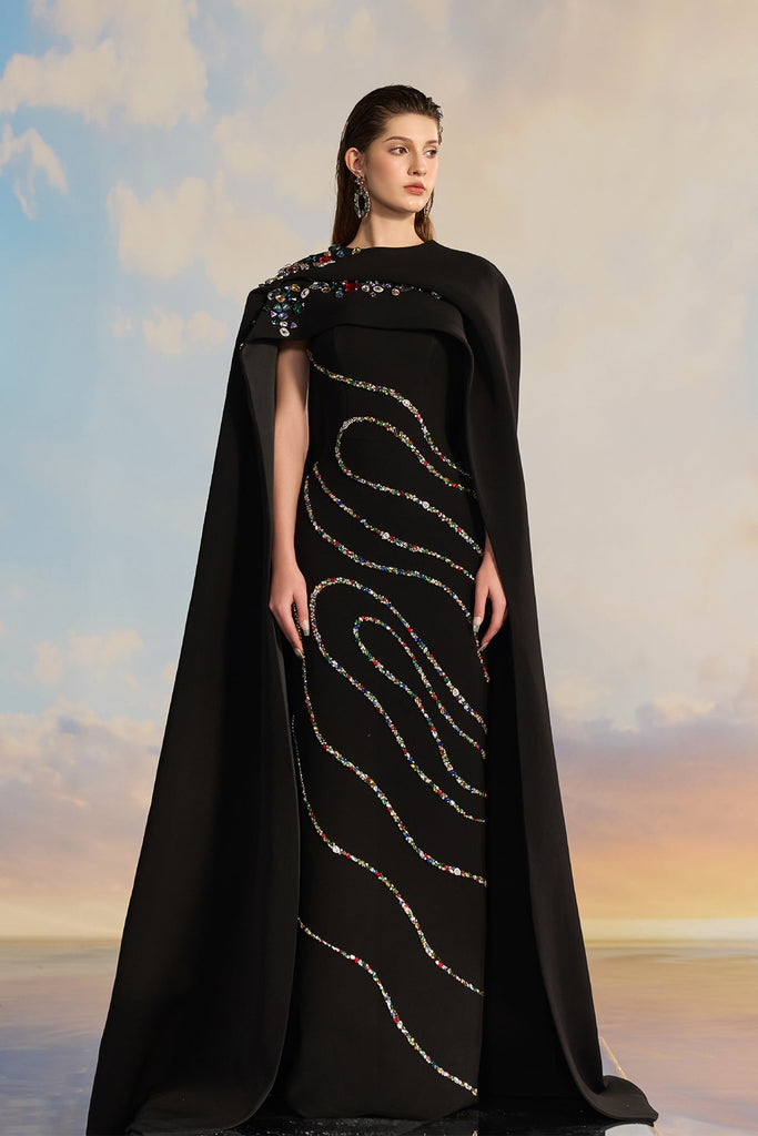 fitted lace wedding dress Long Cape Sleeves With Crystal Embellished Dress – LUNE DE SOIE main image 1