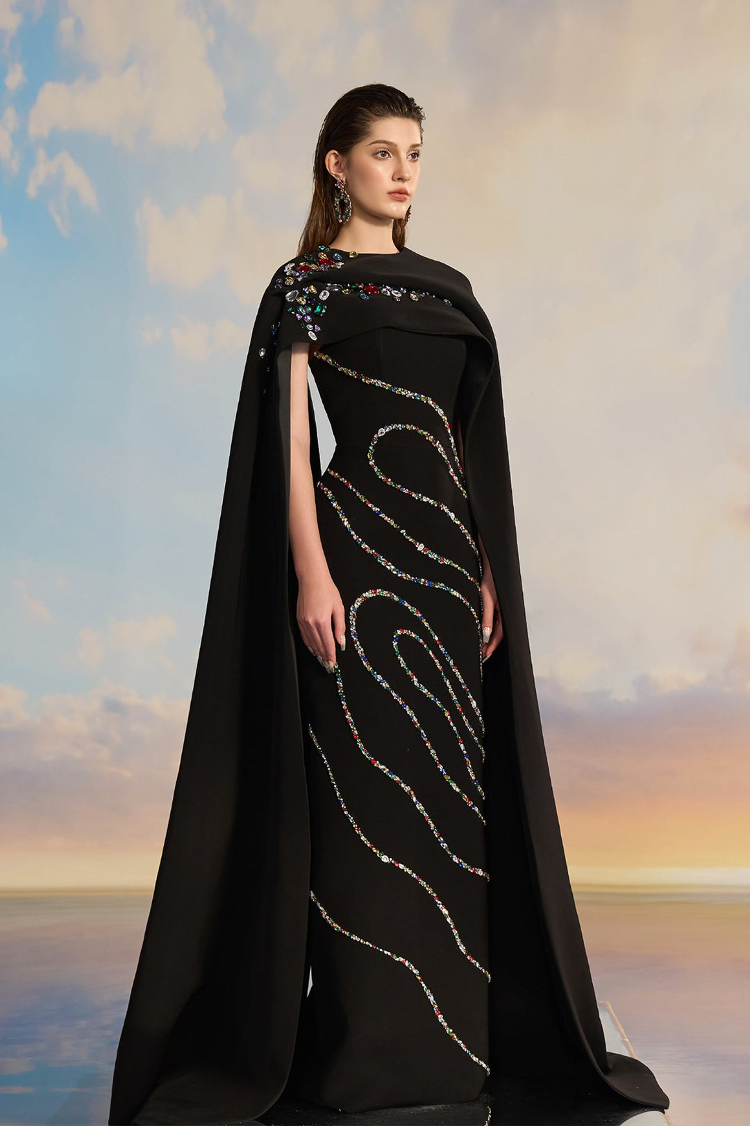 Black Cape Dress with Embellished Design Black Cape Dress with Embellished Design