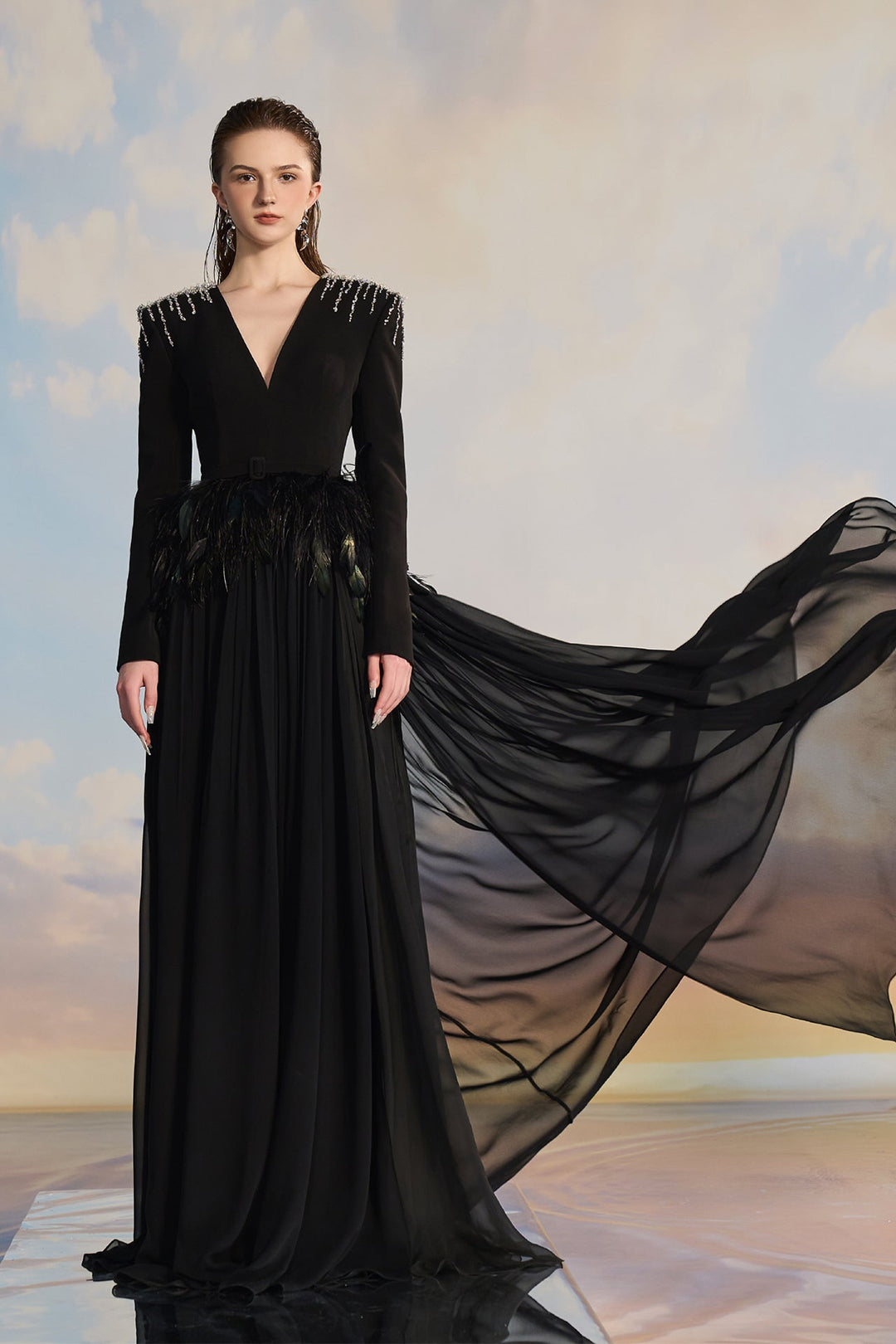 chiffon crepe dress Crepe Dress with Chiffon Embellishment