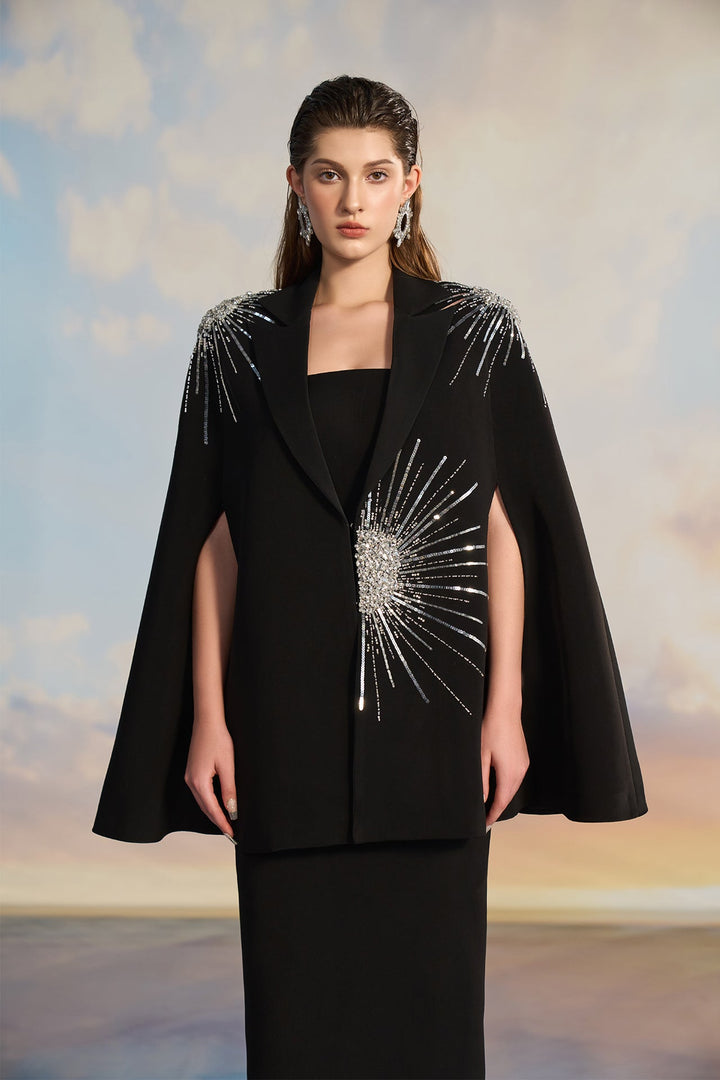 Black Crepe Cape Dress with Starburst Embellishment