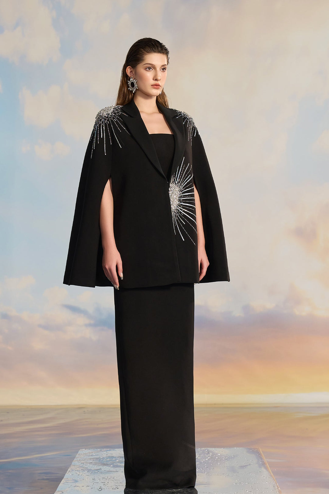 Black Crepe Cape Dress with Starburst Embellishment