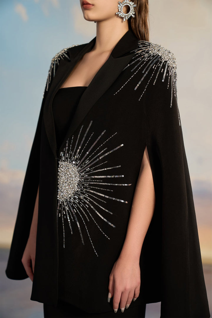 Black Crepe Cape Dress with Starburst Embellishment