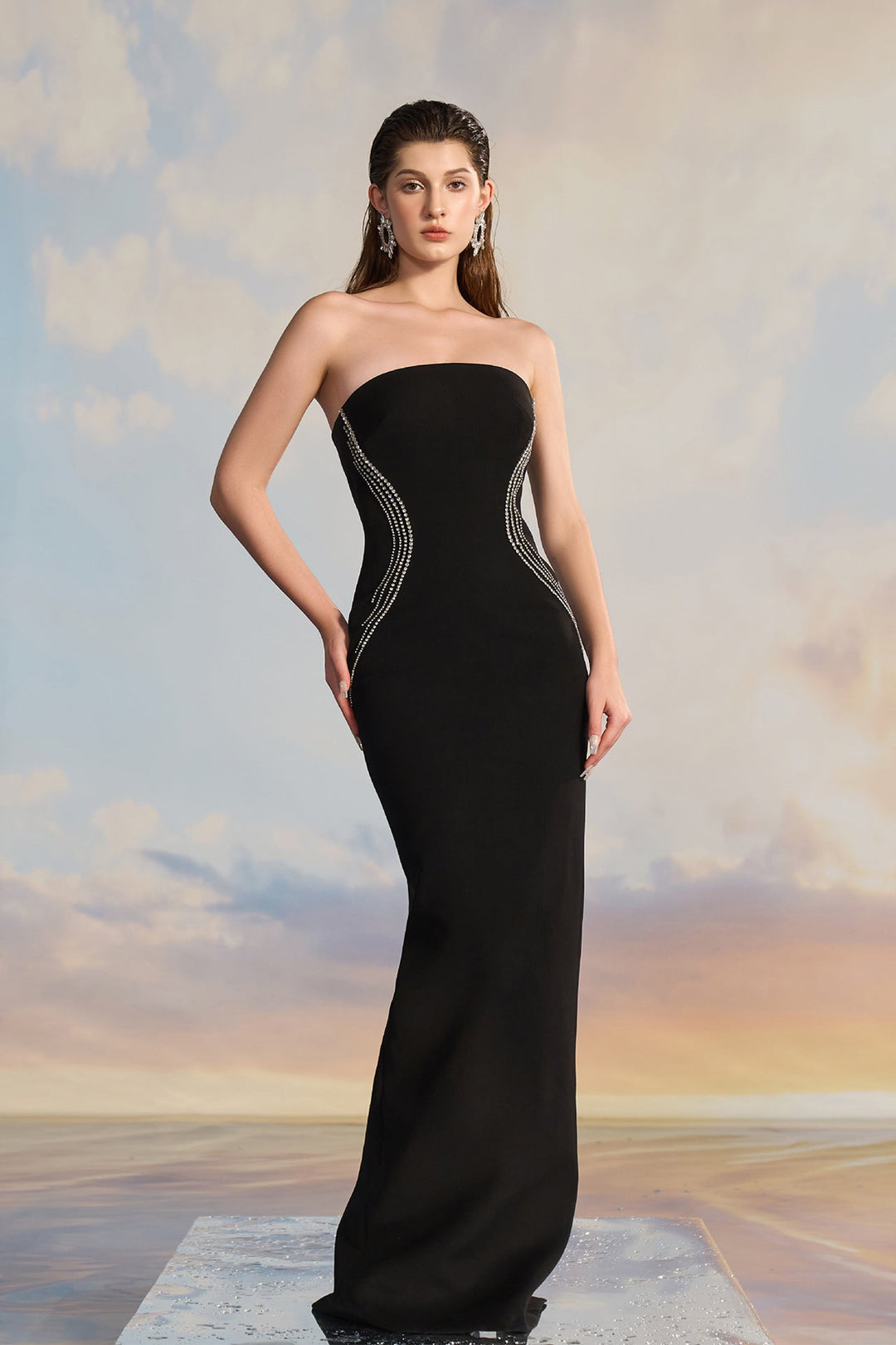Black Crepe Cape Dress with Starburst Embellishment M.R DESIGN Black Crepe Cape Dress with Starburst Embellishment M.R DESIGN