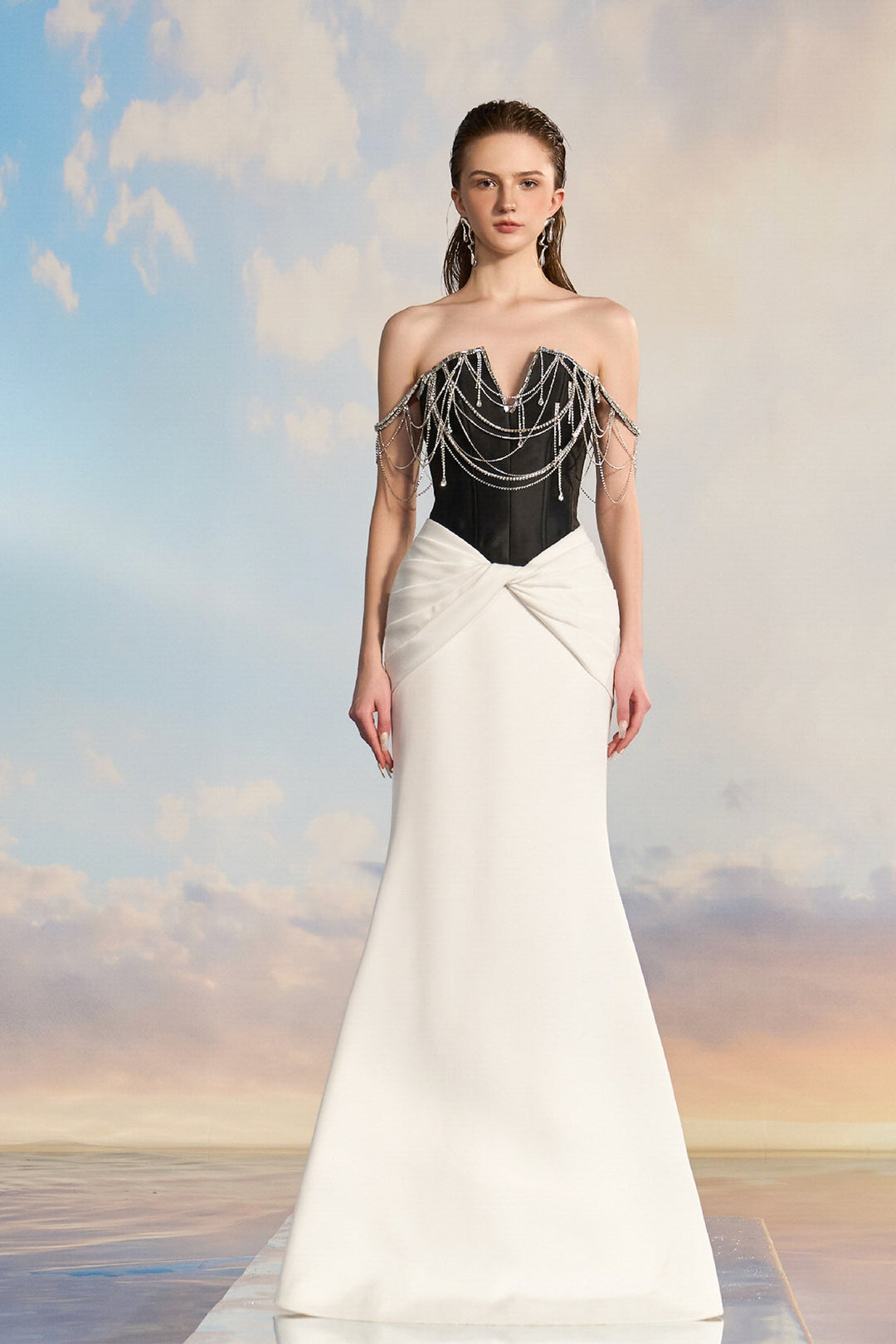 Two-Tone Taffeta Fishtail Dress with Chain Bodice