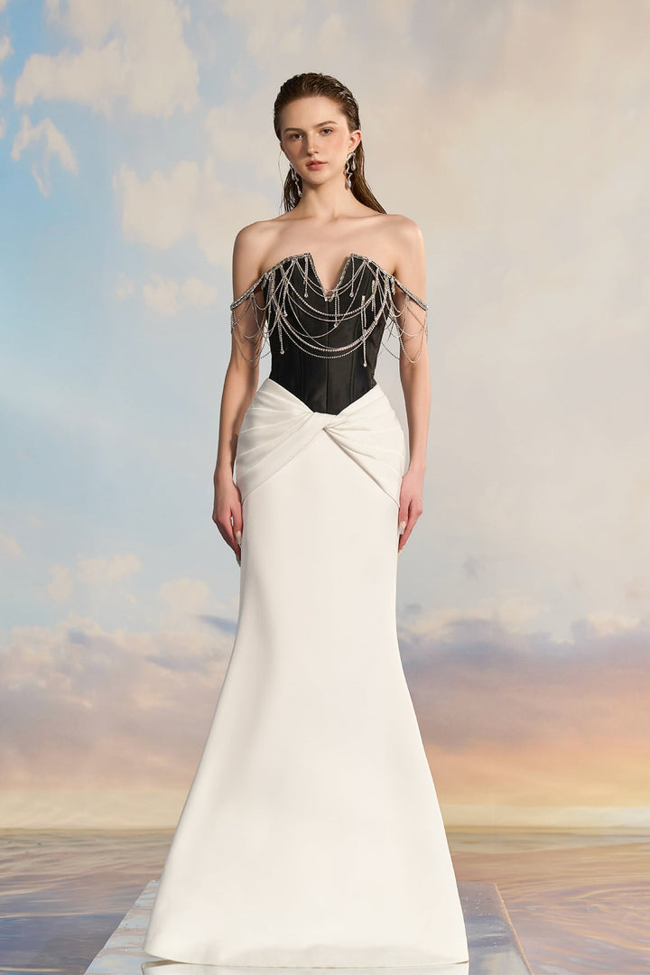 Two-Tone Taffeta Fishtail Dress with Chain Bodice