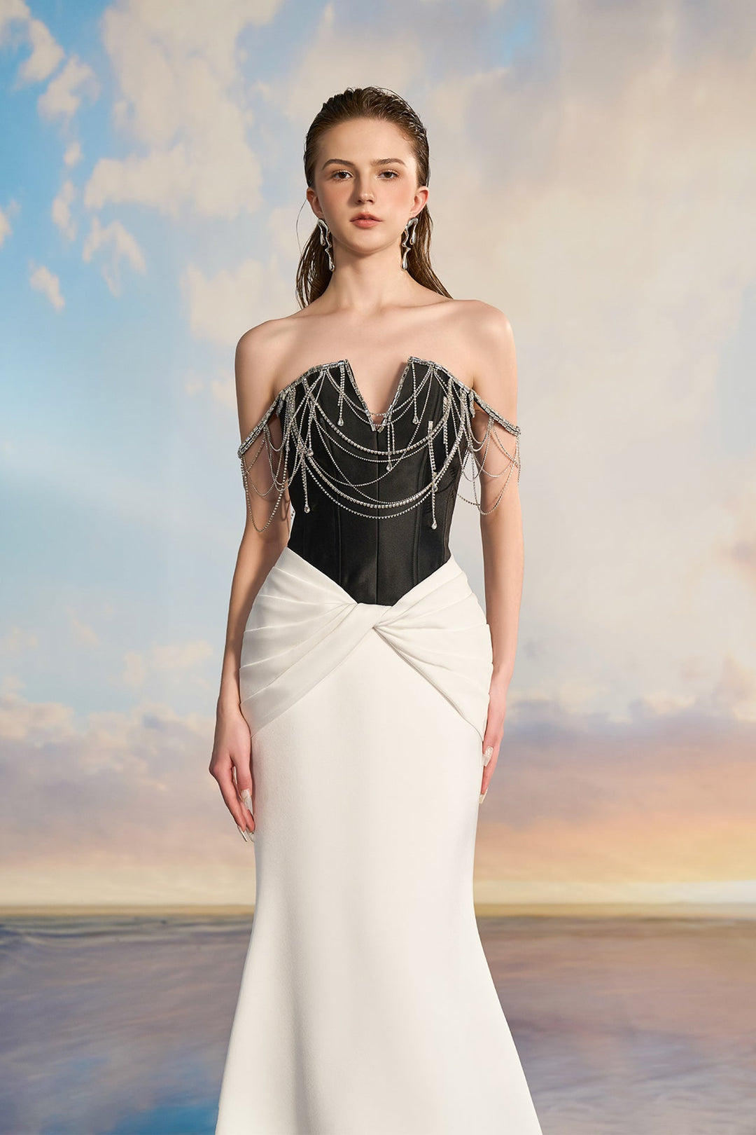 Two-Tone Taffeta Fishtail Dress with Chain Bodice