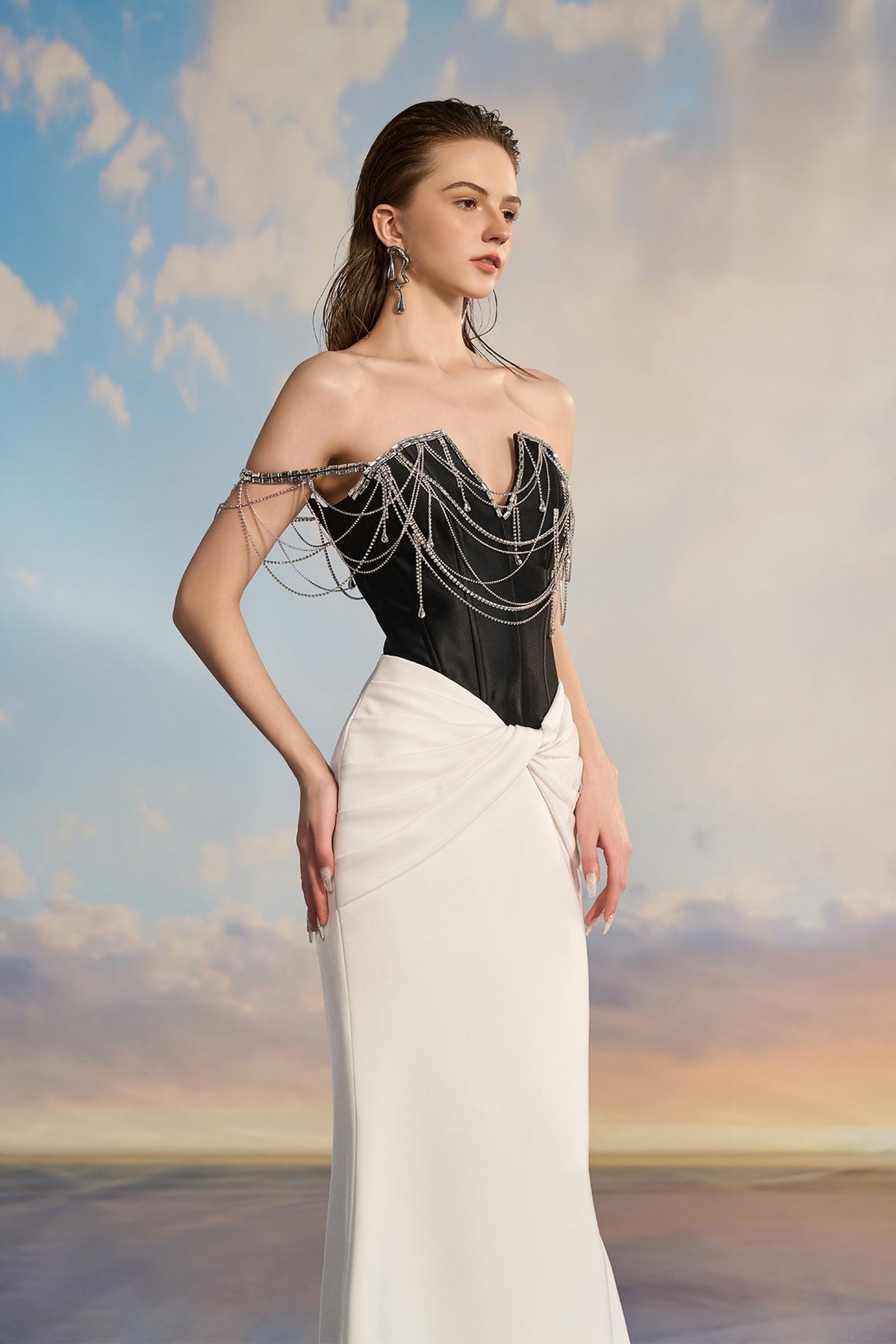 Two-Tone Taffeta Fishtail Dress with Chain Bodice Beige + Beige / US 8