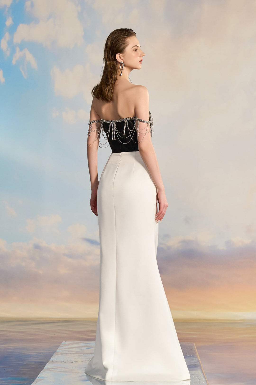 black and white fishtail dress Twilight Cascade Midi Gown