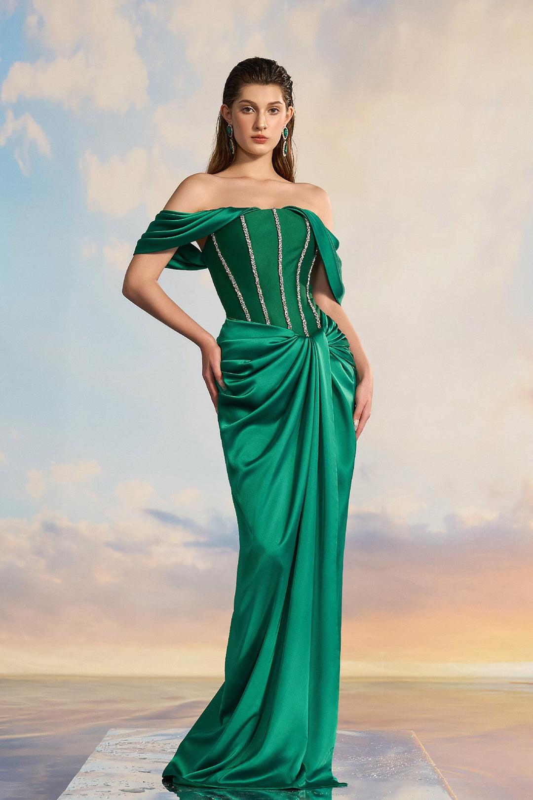 Emerald Green Off-Shoulder Dress White / US 16 Emerald Green Off-Shoulder Dress White / US 16